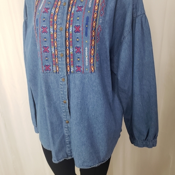 Westbound boho western embroidered denim button down shirt - Picture 3 of 6